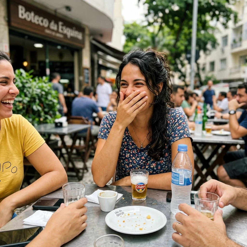 Pessoa cobrindo a boca ao rir em um momento cotidiano por vergonha do sorriso